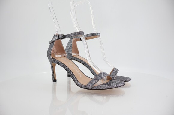 Stuart Weitzman Nunaked Ankle Strap Sandals Silver Gray Glitter Size 5 Evening - Picture 2 of 14